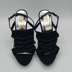 BCBG Paris Black leather upper ruffle metal silver studs Ankle strap stilettos 6